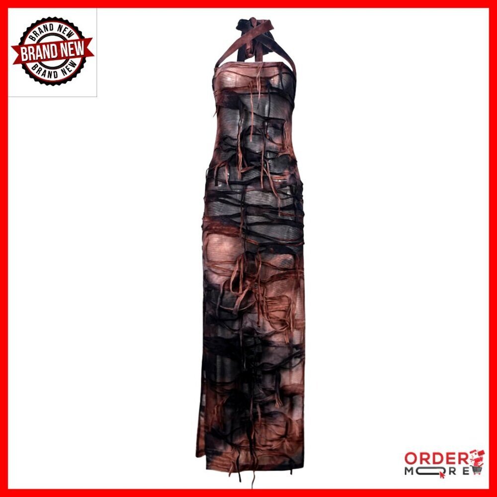 Tie Dye Fringe Bodycon Dress Sleeveless Split Maxi Cocktail Evening Gown